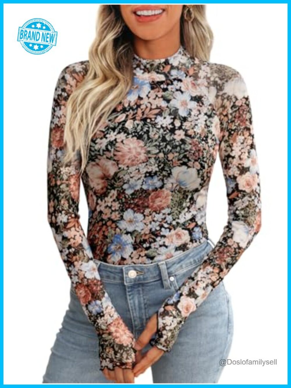 Dealmore Womens Lace Sheer Floral Mesh Mock Neck Long Sleeve Top